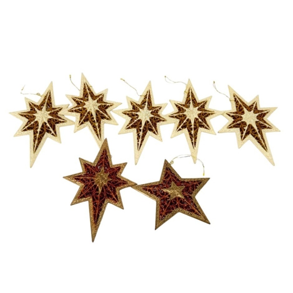 Star Christmas Ornaments Set 7 OS Gold Bronze Glitter Filigree Starburst